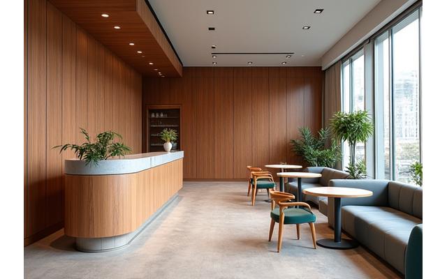 Interieur van een houten restaurant of kantoor