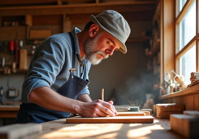 Houtbewerker aan het werk in een werkplaats, omgeven door hout